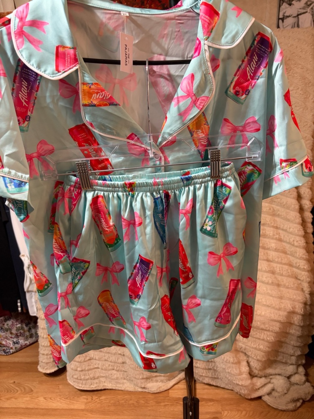 Aqua Satin Pajama Top with Neon Soda Can & Pink Bow Print